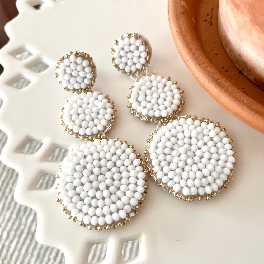 Gold and White Statement Earrings with Beaded Disc Design